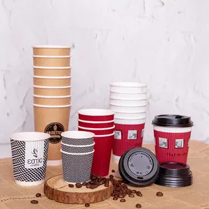 Coffee Paper Cups With Lids Custom Printed Hot Sale Double Wall Biodegradable PLA Disposable Bond Paper Flexo Offset Printing