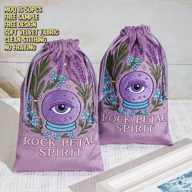 Custom Logo Printed Velvet Satin Lining Gift Tarot Card Packing Drawstring Bag Velvet Pouch with Ribborn