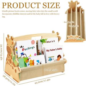Étagère à livres pour enfants, double face, en bois, avec poches en toile robustes, bords arrondis, bibliothèque pour chambre d'enfant, rangement de jouets - Product Image 3