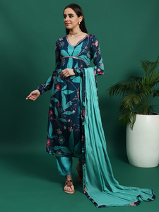 ชุดเดรส Anarkali Kurta สีน้ำเงินสำหรับผู้หญิง ตกแต่งด้วยงานปัก ผ้าเครป คอวี พร้อมกางเกงและผ้าคลุมไหล่ ชุดลำลองฤดูร้อน สไตล์หรูหรา ซักเครื่องได้ - Product Image 5