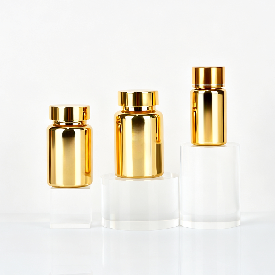 Electroplated Gold PET Capsule Bottle With Golden Screw Cap Empty Jar ...