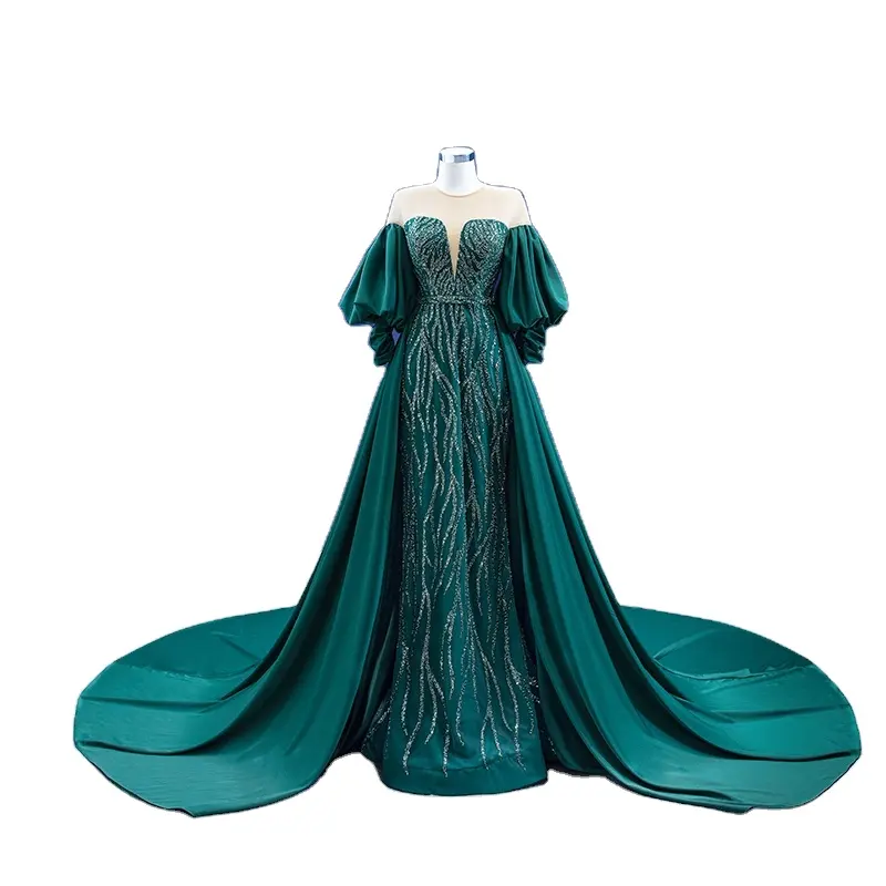 2022 New Elegant Sequined Puff Sleeve Long Tail Plus Size Green Evening Dress