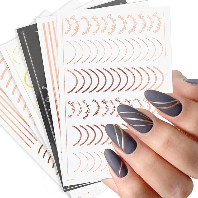 Design inglese lettera decalcomanie per unghie linee di strisce metalliche autoadesive all'ingrosso adesivi per Nail Art