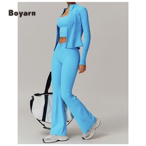 Boyarn ActiveWear Stand Collar Cremallera Chaqueta Falda plisada Traje de yoga Reunidos Levantamiento de cadera Medias Pantalones acampanados Mujeres Conjunto deportivo - Product Image 5