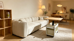 Minimalist Fabric <b>Sofa</b> Bed Three Seat Padded Arms Cushion Back Upholstered Wood <b>Legs</b> Living Room Couch - Product Image 5