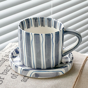 Modern 280ml Hot Selling <b>Ceramic</b> Pottery Cappuccino Coffee <b>Cup</b> with Handle Saucer Set Striped Latte <b>Cups</b> Plate - Product Image 1