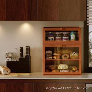 Wooden Bread Box 3 Layers Airtight <b>Kitchen</b> Countertop Storage For Bread Snacks Cake Dessert Rectangle With Wooden Lid - Product Image 3