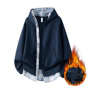 Cardigan épais doublé en polaire, sweat-shirt à capuche à carreaux unisexe, double fermeture éclair, automne hiver, nouvelle veste de couple - Product Image 4