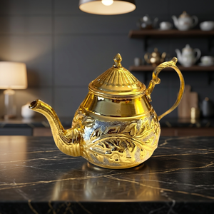 Oriental Style Gold Metal Tea Pot With Lid And Handle Decorative <b>Kettle</b> - Product Image 3