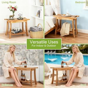 Tabouret de douche en bois massif avec barre porte-serviettes et étagère de rangement 35,6x59,9x45,5 cm, imperméable, résistant à l'humidité, antidérapant - Product Image 4