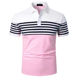 Polo de Manga Corta para Hombre, Diseño de Bloques de Color, Patrón a Rayas, Corte Regular, Tejido Informal, Rosa, Blanco, Azul Marino - Product Image 1