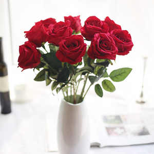 European Style Realistic Rose Flower Artificial Velvet Silk Long Stem Rose Flower For Wedding Decoration HQW03332