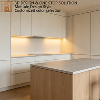 Meubles de cuisine bicolores blanc et bois avec îlot LED et rétroéclairage, qualité ENF, emballage KDPacking
