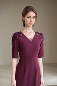 Abito Midi Elegante 6XL di Alta Qualità con Scollo a V e Spalle Decorate con Perline, Vestito Formale da Festa con Mezza Manica, Abito da <span class=keywords><strong>Sera</strong></span> Aderente per <span class=keywords><strong>Madre</strong></span> della Sposa - Product Image 5