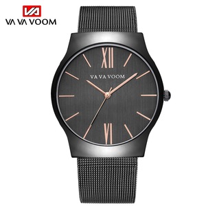 Reloj Minimalista Elegante para Hombre, Ultrafino, Caja Negra, Índices en Oro Rosa, Correa de Malla, Reloj de Pulsera Formal - Product Image 1