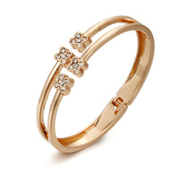 Nouveau Bracelet Jonc Fin à Double Couche et Deux Bandes, Motif Trèfle à Quatre Feuilles, Strass, Plaqué Or, à Charnière à Ressort pour Femme