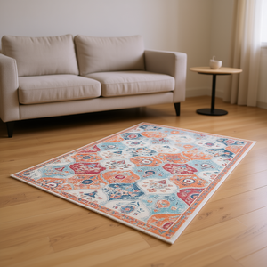 Tappeto Loom Luxe 5x8 con Motivo a Medaglione Crema, Tradizionale a Pelo Corto, Lavabile, Antiscivolo per Soggiorno, Camera da Letto, Cucina - Product Image 2