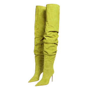 Wide Fit Thigh High Booties Women Pleated Stiletto High Thin Heels Shoes Suede PU Over the Knee Sexy Pointy Toe Pumps - Product Image 4