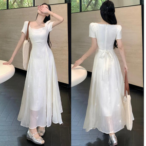 French Square Collar Long Dress Natural Waist Translucent Splicing Irregular Club Wear - Product Image 1