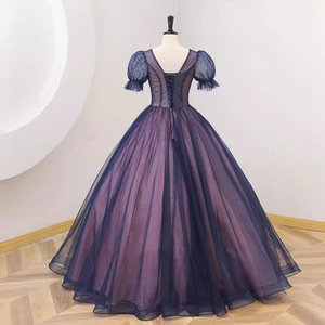 Navy Blue Puff Sleeve Evening Gown Women Stage Performance Tutu Skirt Wedding Dress Polyester Fiber 1031 - Product Image 4
