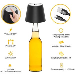 Lámpara de Mesa Antela LED Táctil Regulable 3000K 4000K 5000K Inalámbrica a Batería Negra 11x11x36cm 25000 Horas de Duración - Product Image 3