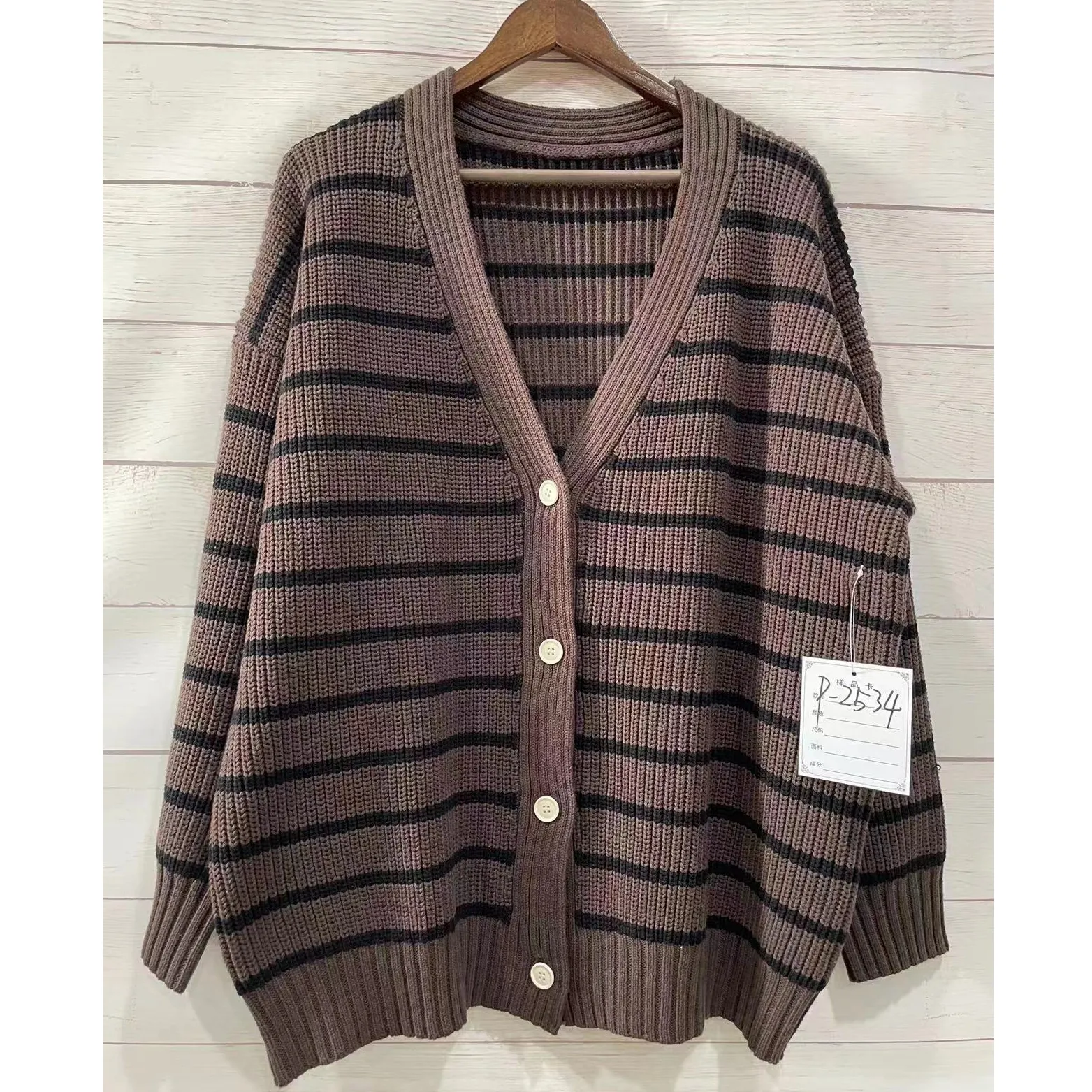 Women Korean Chunky Ribbed Oversized Striped Cardigans in Black and Gray With Button Outwear Sweater for Femme Streetwear