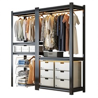 Porte-vêtements multifonctionnel en métal de style ethnique pour la maison, avec étagère de rangement combinée et étagère de sol ouverte à 5 niveaux