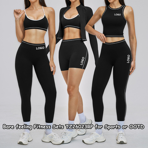 YNSEA Ensemble de Vêtements de Sport pour <span class=keywords><strong>Femme</strong></span> Personnalisé, Style Sport Chic, 3 Pièces, Crop Top à Bretelles Croisées, Color Block, Tenue de Yoga et Fitness - Product Image 2
