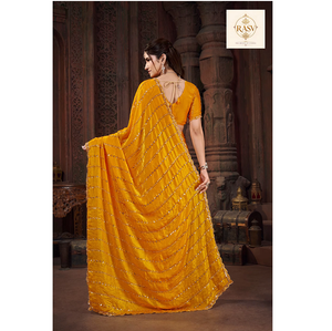 Sari en satin élégant avec travail décoratif perlé, tombé fluide et doux, tenue de soirée de créateur pour les mariages - Product Image 4