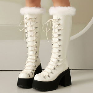 Size 44 Women's Thick Chunky Heels <b>Long</b> Boots Lace up Top Fur Shoes Round Toe Platform Block Heel Knee High Booties - Product Image 5