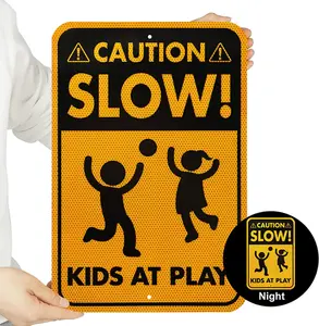 Reflective Outdoor Street Safety Custom Logo Printing Caution Slow Down Kids At Play Aluminum Warning Sign For Street