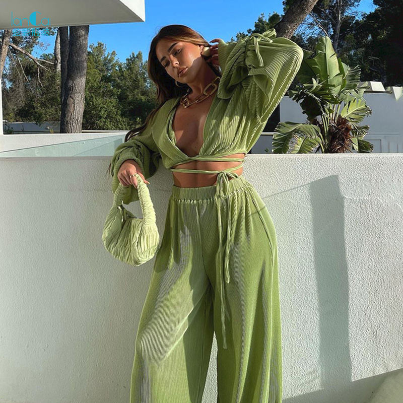 Women Y2k Clothing Sexy Casual Outfits Women Crop Top Wide Leg Pants Knit Set Ladies Ruffle Long Sleeve Two Piece Loose Pant Set 