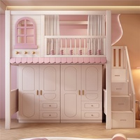 Lit mezzanine moderne rose JS pour enfants, ensemble de lit mezzanine en bois massif, bureau avec rangement, étagère et double tiroir pour chambre de fille