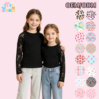 T-shirt élégant noir à empiècements pour filles, avec dentelle florale rose, manches raglan longues, col rond, haut décontracté et mignon, service personnalisé disponible