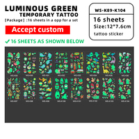 Pegatinas de Tatuajes Temporales Luminosas Fluorescentes para Niños, Ecológicas, Personalizadas, 16 Hojas, Resistentes al Agua, con Dibujos Animados Lindos