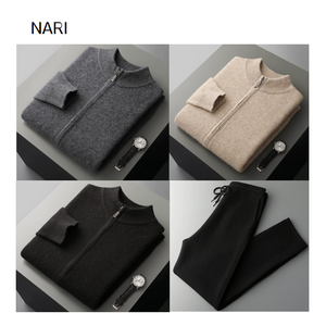 NARI Set Casual da <span class=keywords><strong>Uomo</strong></span> in Cashmere/Lana Merino, Cardigan con Collo Tondo e Pantaloni, Completo Due Pezzi per Inverno e Autunno - Product Image 2