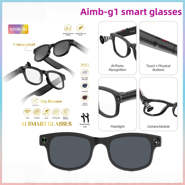 AIMB-G1 Sports Smart Glasses with 800W Camera 1080P Video AI Translator IPX5 Waterproof Magnetic Charge Sunglasses