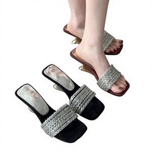 French-<b>style</b> Square <b>Head</b> Rhinestone Women's Summer Outdoor High-heeled Slide Sandals 2025 New Elegant Matching Dress - Product Image 1