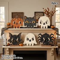 Adornos de madera vintage de Halloween pintados a mano: fantasma, murciélago, búho, gato negro, calabaza. Decoración de mesa estilo rústico americano, recuerdo de fiesta.