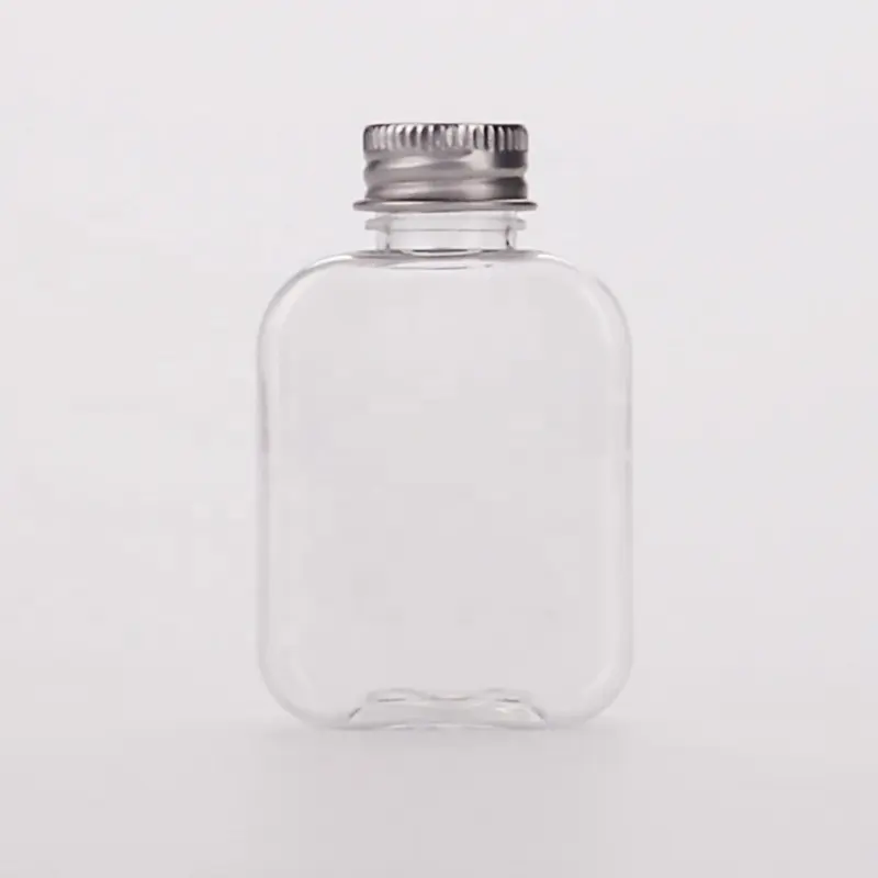 زجاجة بلاستيكية مسطحة على شكل مربع 50 أو 60 أو PET لتعبئة العصير الصغير تتطابق مع غطاء لولبي من الألومنيوم الفضي