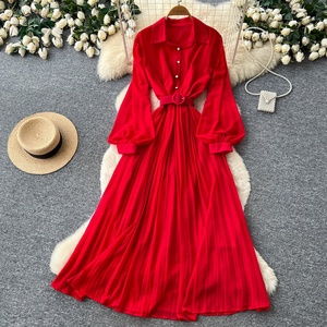 Vestido Casual de Primavera para Mujer, Cuello Camisero, Manga Larga, Color Sólido, Cintura Alta, Corte en A, Vestido Midi Elegante - Product Image 1