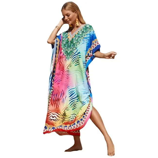 2023 STOCK Print abbigliamento Casual Kaftan da spiaggia per donna abito caftano con scollo a v Plus Size Maxi Dress costumi da bagno Cover Ups