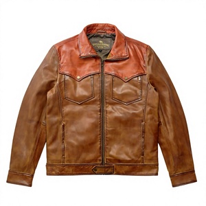 Veste en cuir véritable pour homme, col rabattu, fermeture éclair sur le devant, couleur unie, style motard, vêtement d'automne - Product Image 1