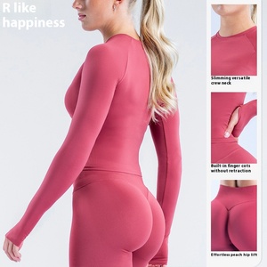 Cross-biên Giới Trọng lượng nhẹ cộng với kích thước liền mạch crewneck thể thao hàng đầu của phụ nữ chặt chẽ phù hợp dài tay Yoga bốn chiều căng Bộ phía trước - Product Image 2