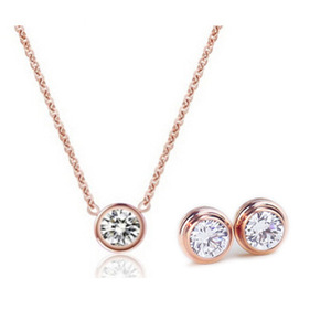 Ensemble collier et boucles d'oreilles en acier inoxydable or rose avec diamants, serti clos, boule ronde, bijoux de mode - Product Image 1