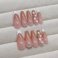 Fournitures pour ongles : Faux ongles à presser en acrylique, longs, style français, avec paillettes dorées et dégradé blanc, design diamant, pour femmes