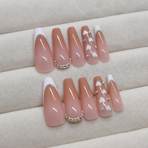 <span class=keywords><strong>Uñas</strong></span> Postizas Francesas <span class=keywords><strong>Largas</strong></span> con Brillo Dorado y Degradado Blanco, Diseño Acrílico, <span class=keywords><strong>Uñas</strong></span> Falsas con Diamantes para Mujer - Product Image 2