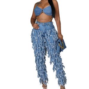 Nouveau Jean en Denim Semi-Extensible Taille Haute Skinny pour Femme avec Franges – Collection Designer - Product Image 1