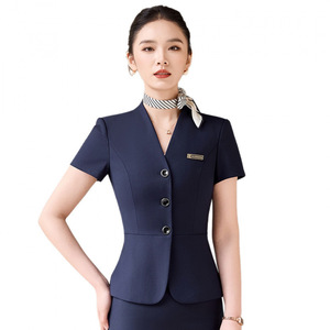 Professional Suit Set Women Summer Short Sleeve V Neck Fitted Waist Work Uniform Gold Shop Beauty Sales Assistant Clothes - Product Image 5