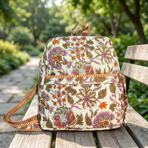 PNM Overseas Bohemian Block Print Floral Backpack-Sustainable Cotton Travel <b>Bag</b> - Product Image 4